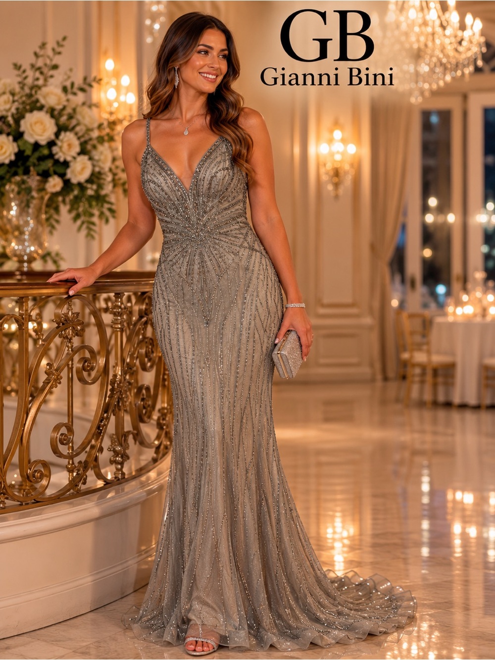Gianni Bini Silver Beaded Mermaid Gown Formal Evening Dress Prom Pageant Size 7